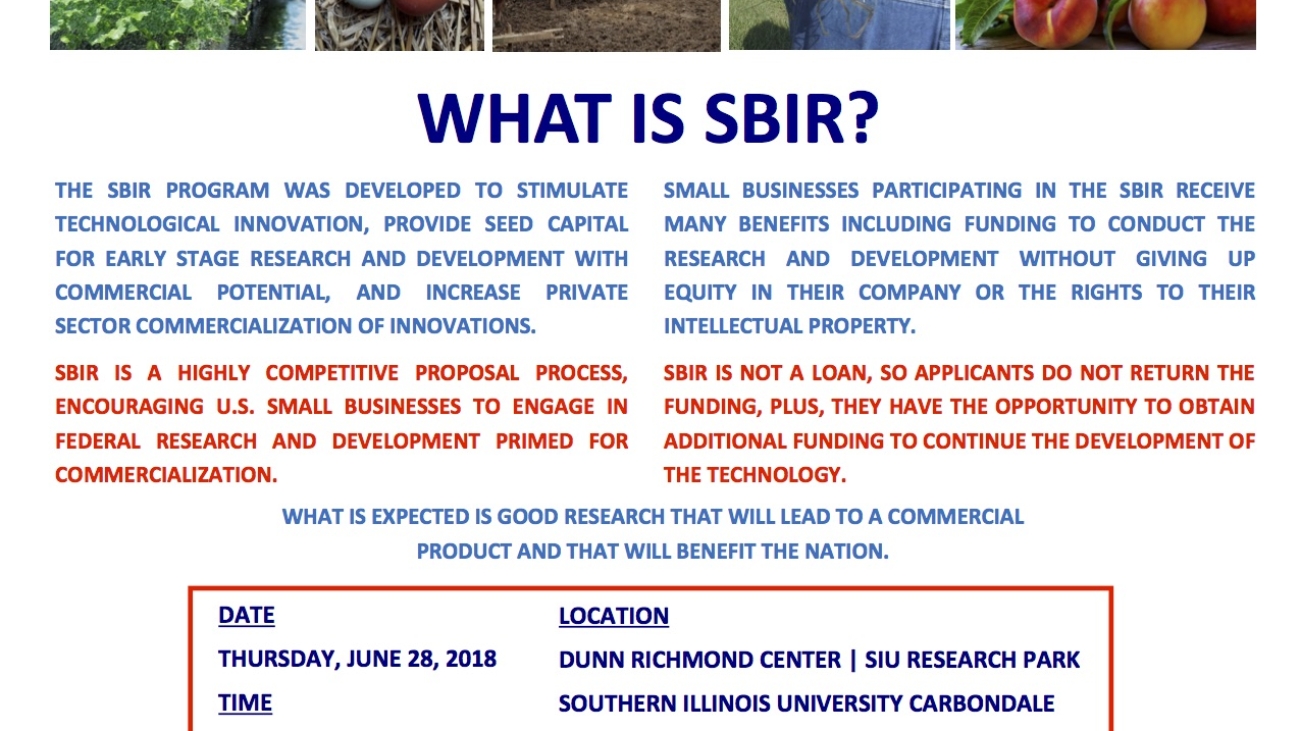Photograph of a poster advertisement for an "Informational Workshop, USDA SBIR." Poster includes photos of agriculture elements. A section on "What is SBIR?" is included in the middle. Workshop location, date, and time details are in the lower portion, along with a link on how to register. Logos of sponsors are across the bottom. Specific details are included in the news story.
