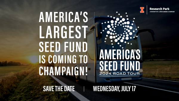 Image of a tour bus driving through midwest flat lands at sunrise. Image includes a logo for the Research Park at the University of Illinois and a logo for the America's Seed Fund 2024 Road Tour. Text on image says "America's Largest Seed Fund is coming to Champaign! Save the Date. Wednesday, July 17."